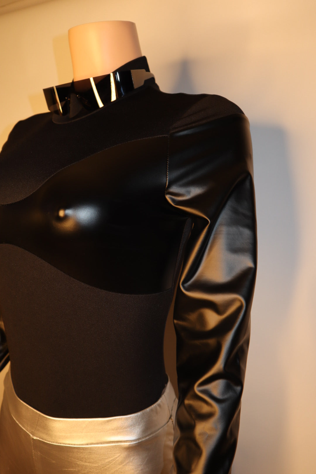 Black Sapphire Mock Neck Faux Leather Paneled Long Sleeve Bodysuit