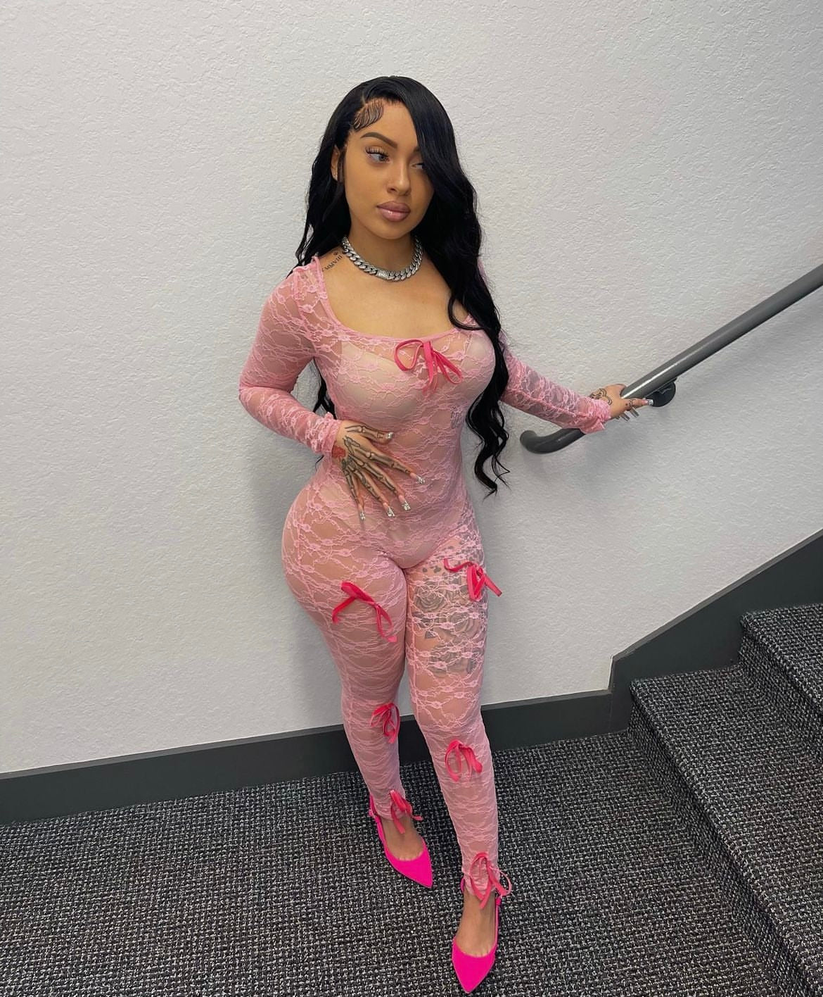 Pink Bow Lace Sheer Jumpsuit