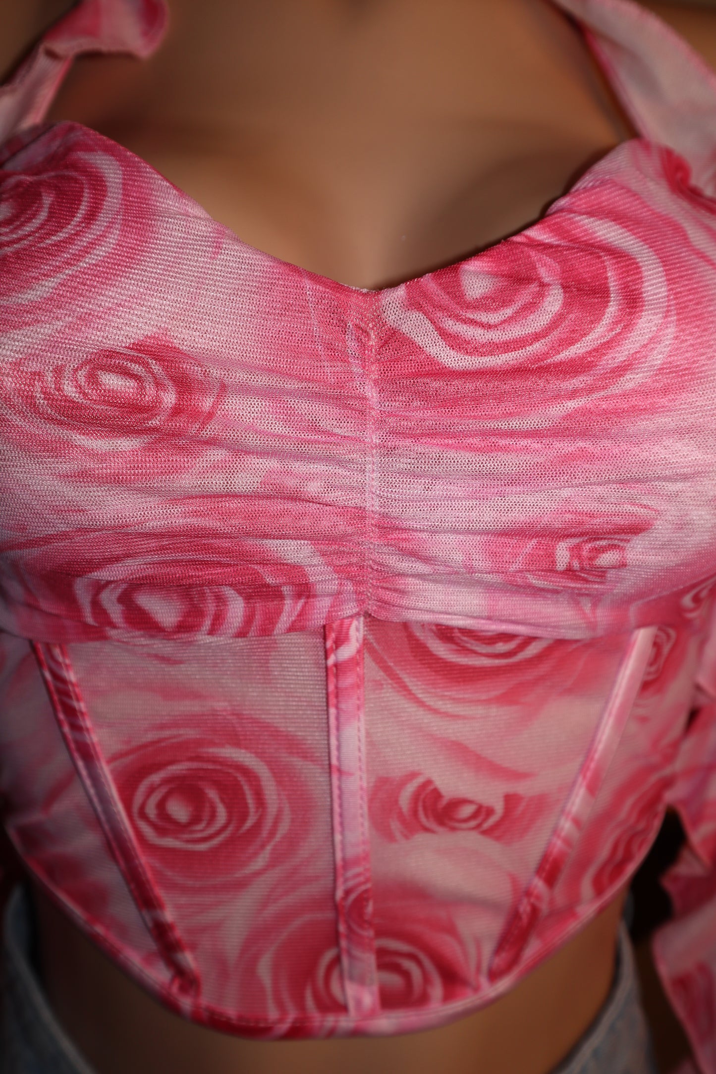 Rose Berry Mesh Bustier Shirt