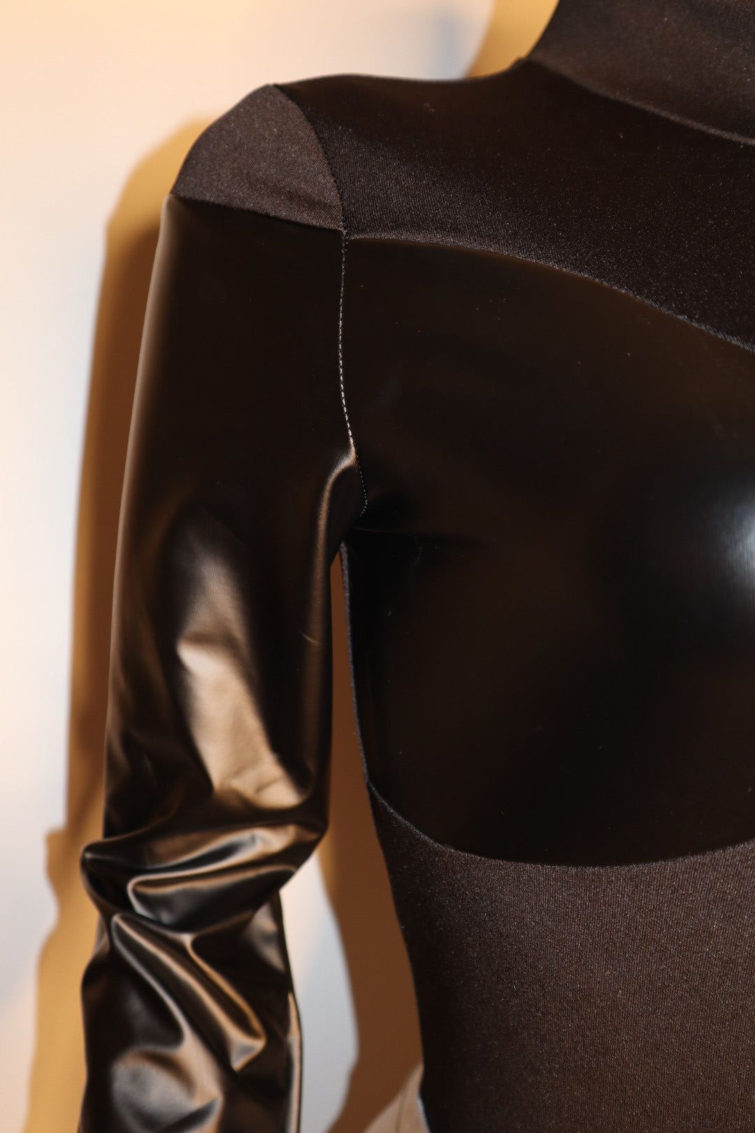 Black Sapphire Mock Neck Faux Leather Paneled Long Sleeve Bodysuit