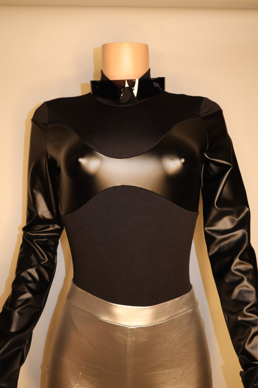Black Sapphire Mock Neck Faux Leather Paneled Long Sleeve Bodysuit