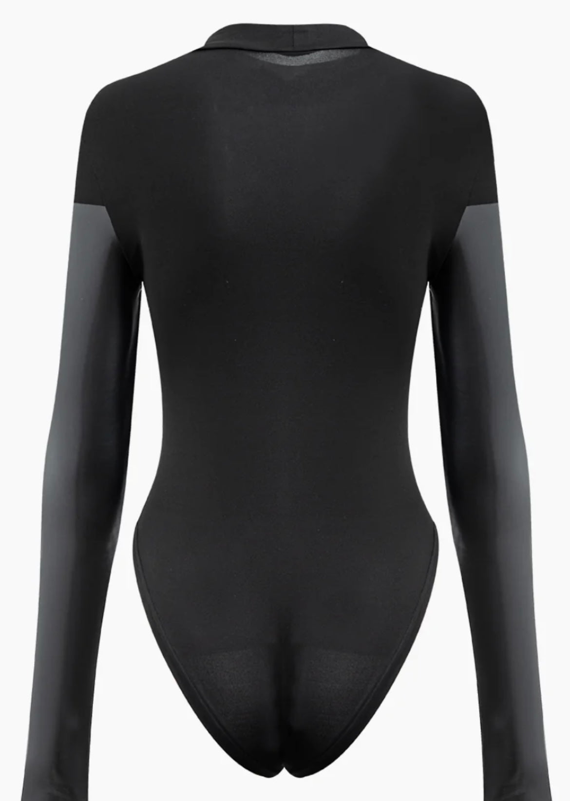 Black Sapphire Mock Neck Faux Leather Paneled Long Sleeve Bodysuit