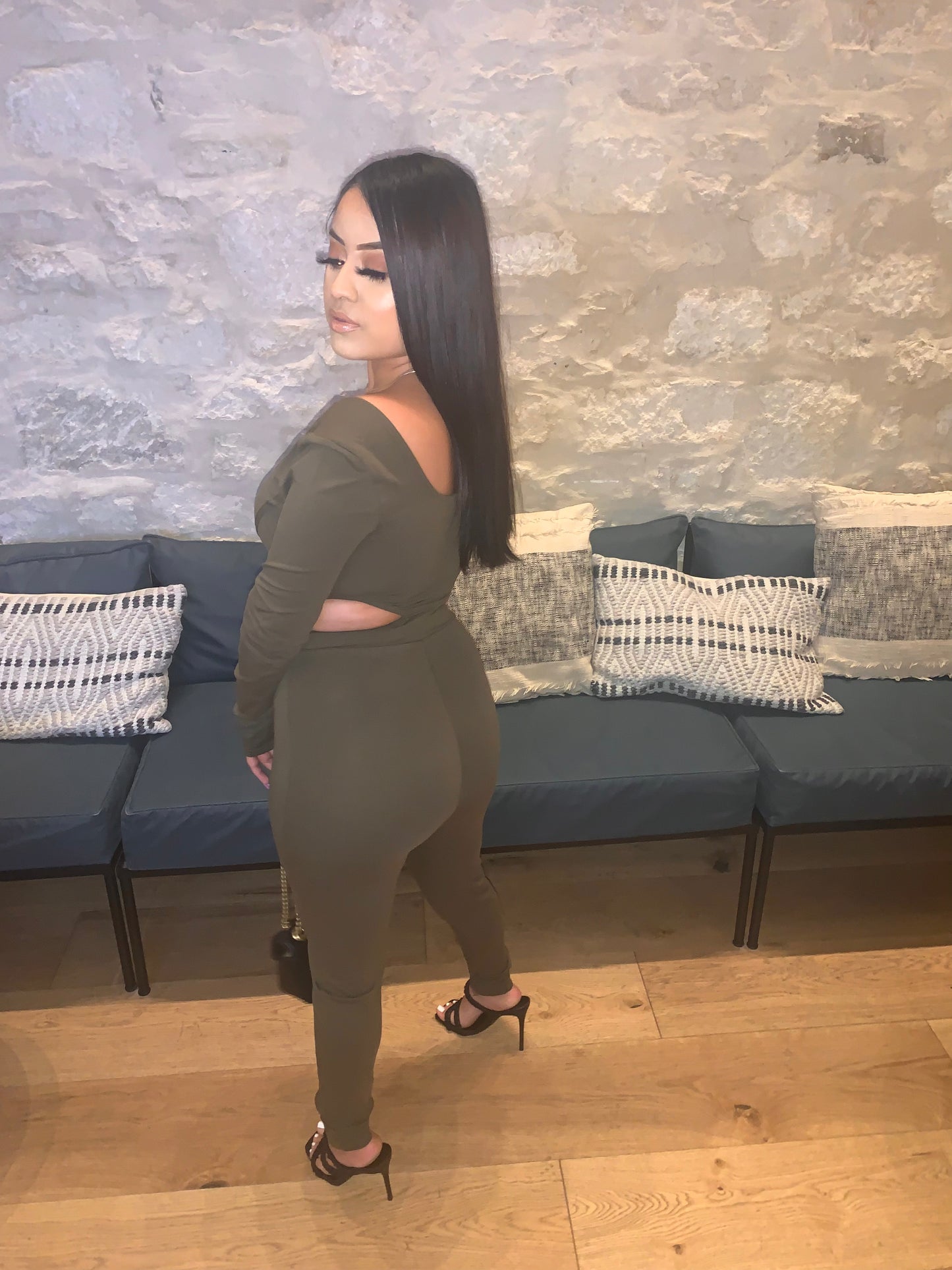 Martini Me Long Sleeve Jumpsuit with Front Zipper and Side Cut Outs -Olive