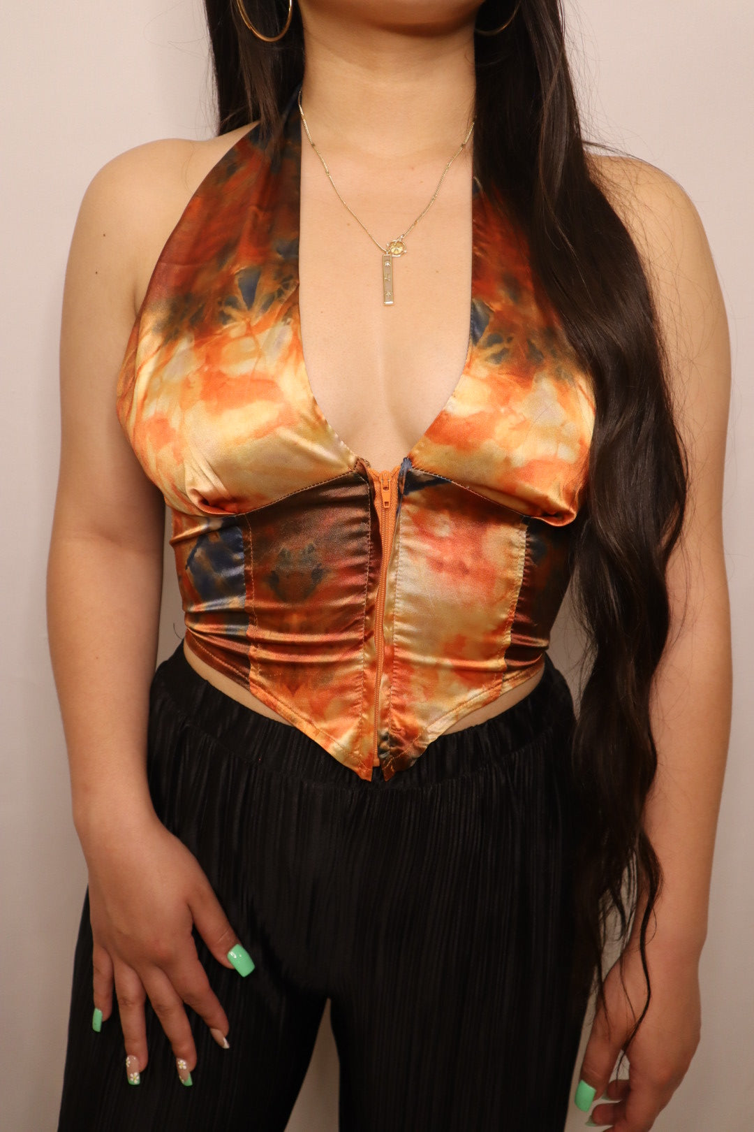 Autumn V Neck Lace Up Top -Orange