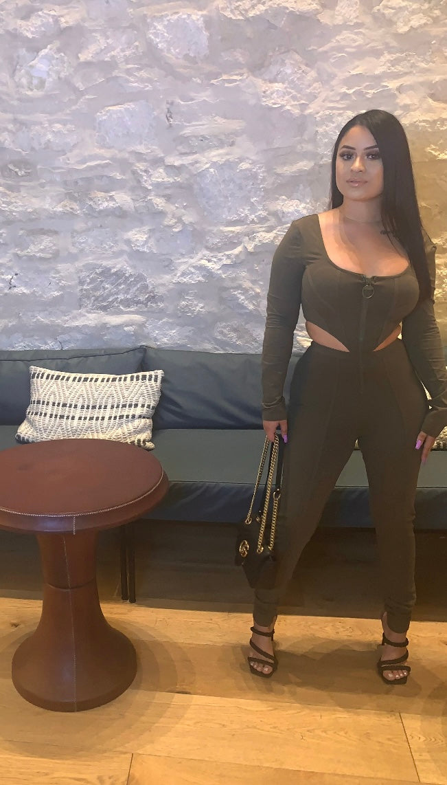 Martini Me Long Sleeve Jumpsuit with Front Zipper and Side Cut Outs -Olive