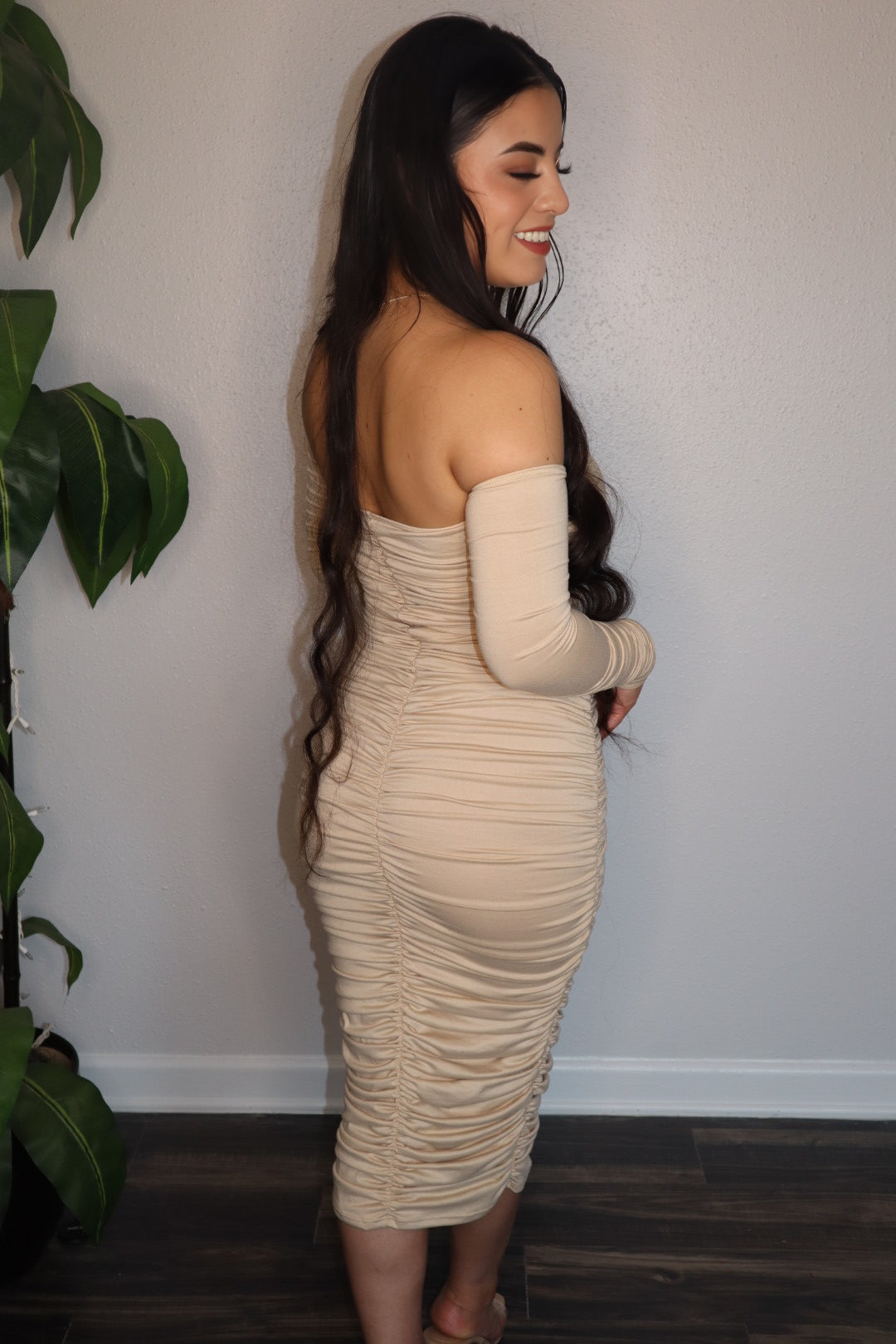 Layla Strapless Long Sleeve Ruched Dress -Khaki