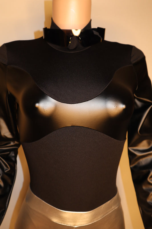 Black Sapphire Mock Neck Faux Leather Paneled Long Sleeve Bodysuit