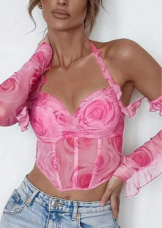 Rose Berry Mesh Bustier Shirt