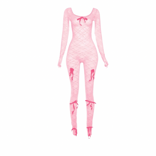 Pink Bow Lace Sheer Jumpsuit