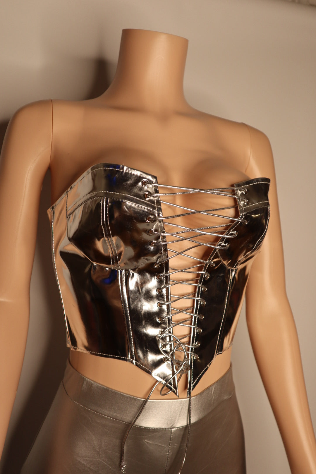 Extra Af Faux Leather Metallic Lace up Tube Top