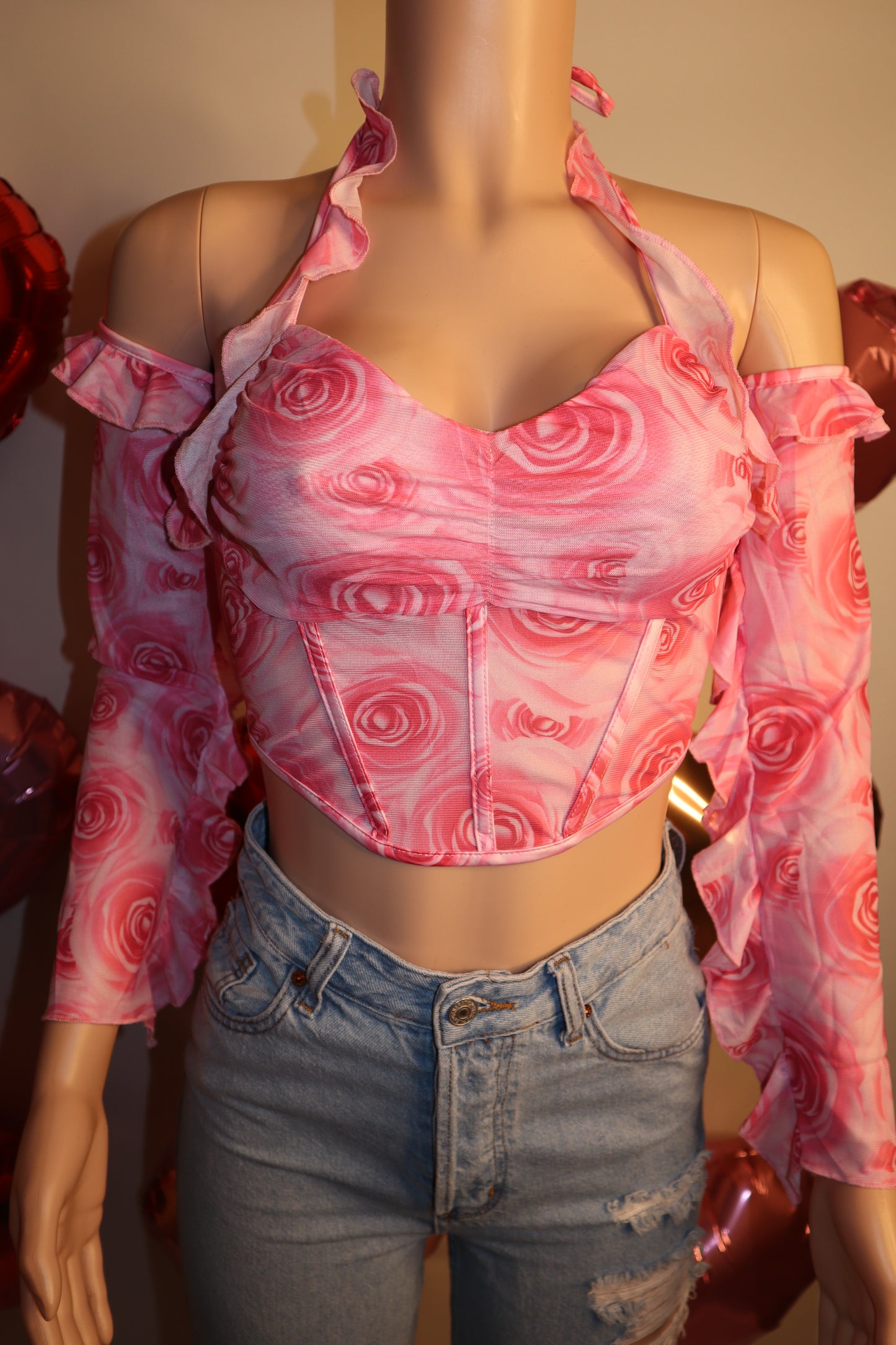 Rose Berry Mesh Bustier Shirt