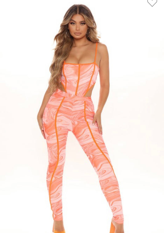 Sunset Orange Bodysuit with Matching Pant Set / Two Piece Set