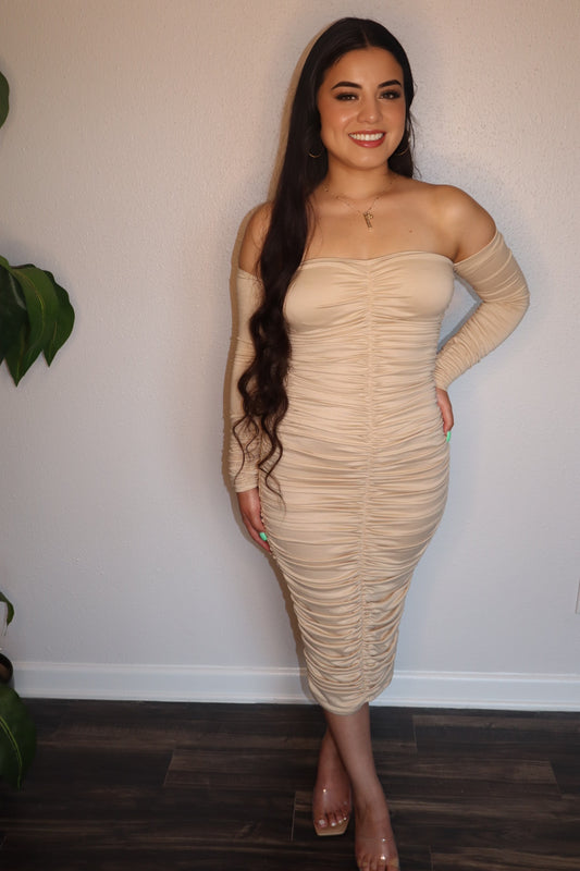 Layla Strapless Long Sleeve Ruched Dress -Khaki
